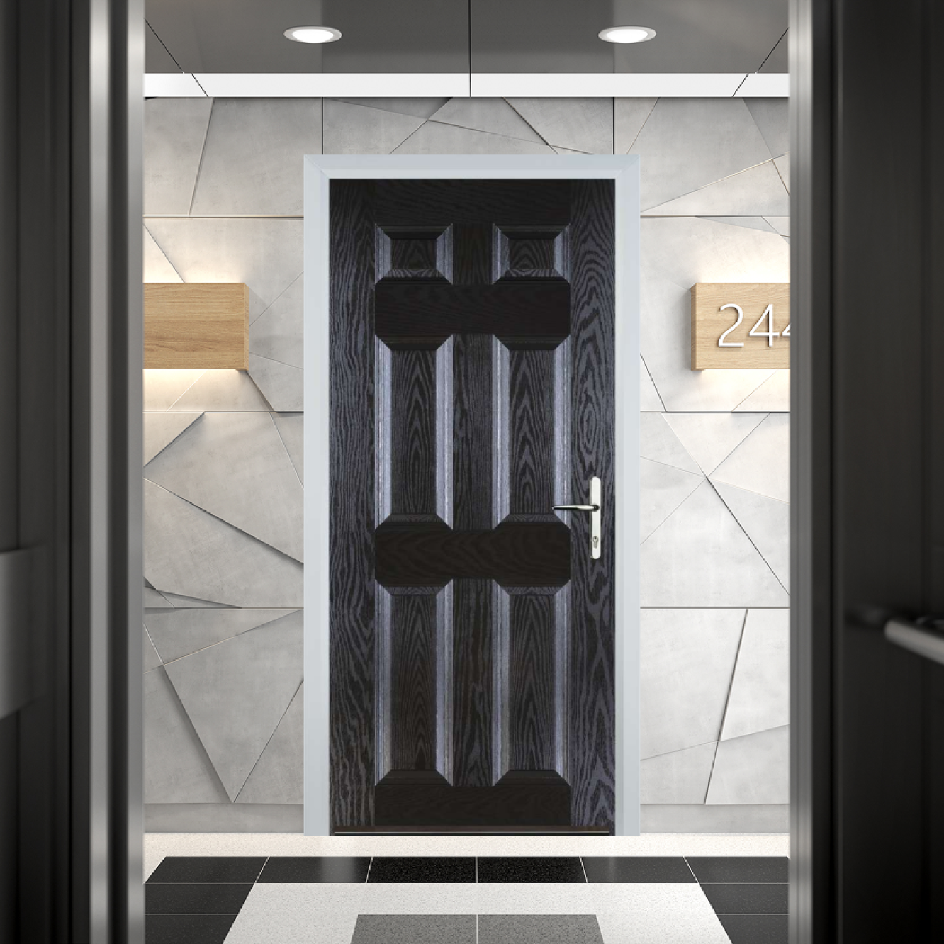 Door Stop 6 Panel FD30 Fire Door In Black Brown Image