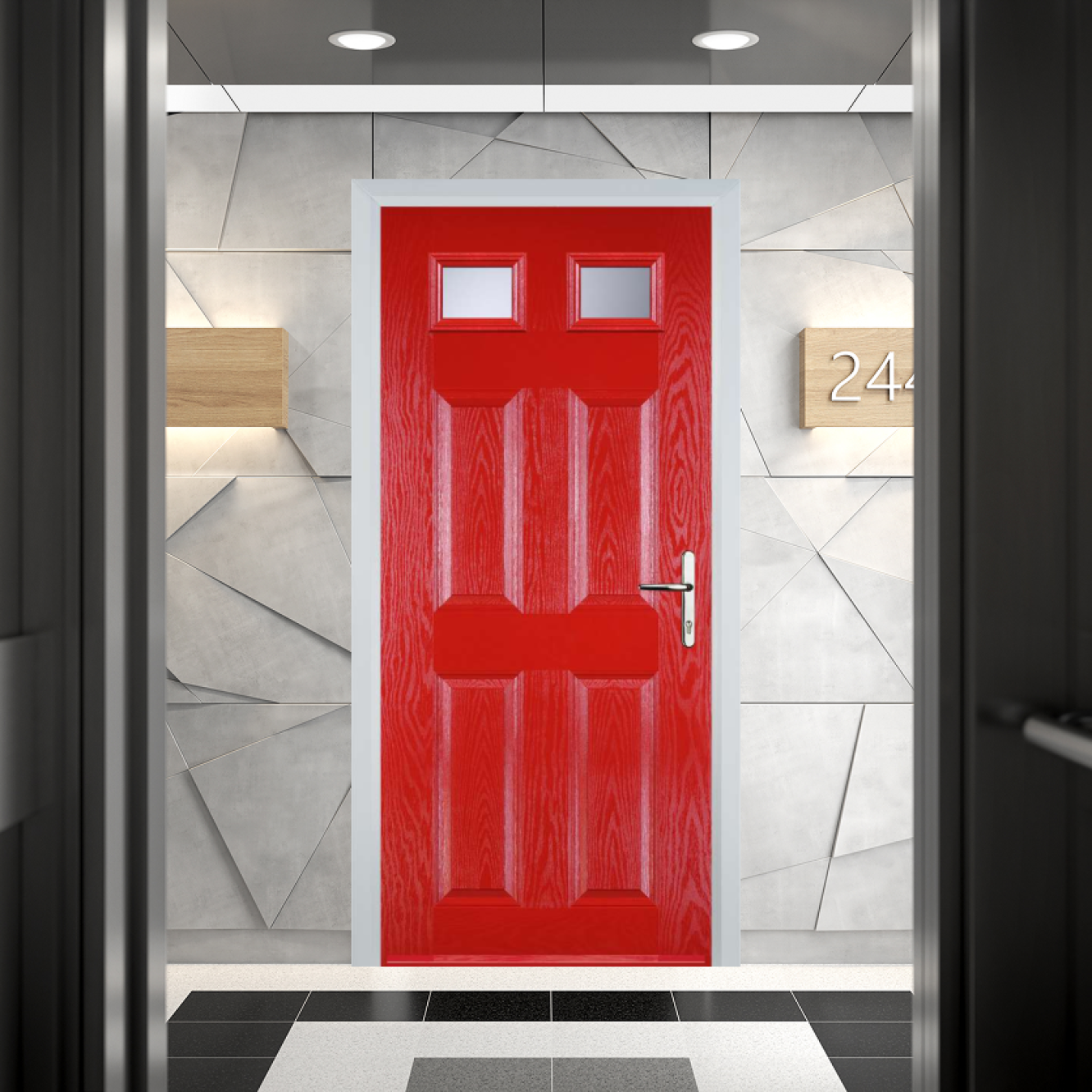 Door Stop 4 Panel 2 Square FD30 Fire Door In Poppy Red (High Gloss) Image