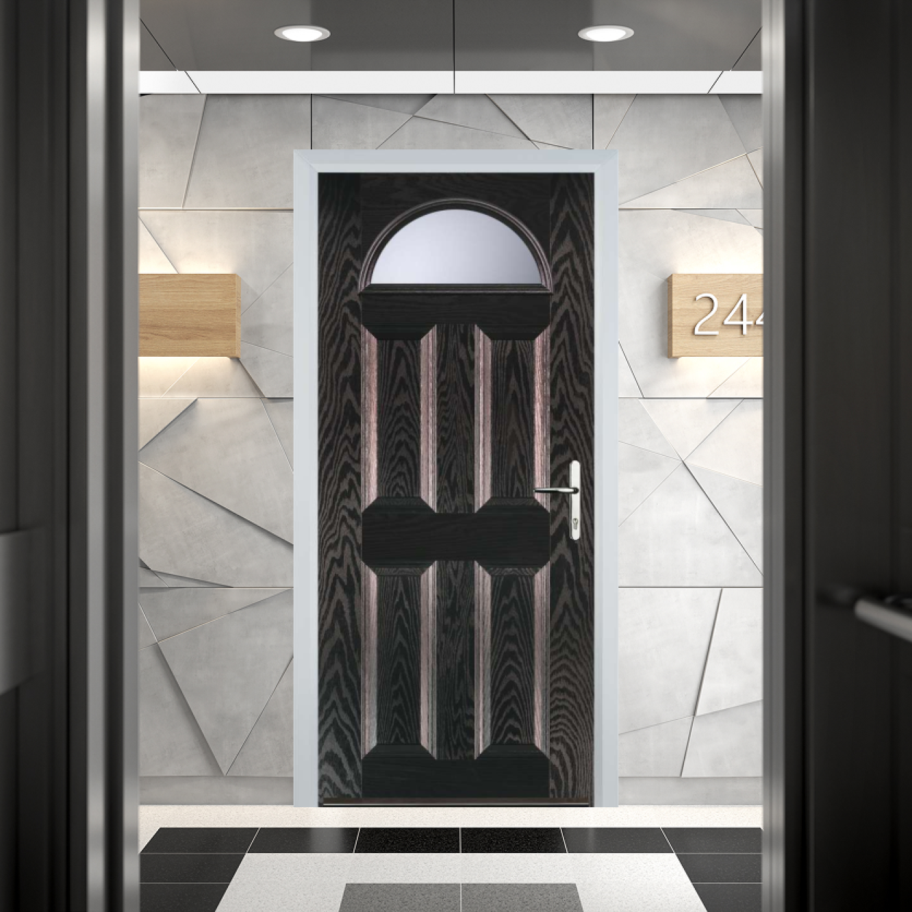 Door Stop 4 Panel 1 Arch FD30 Fire Door In Black Brown Image